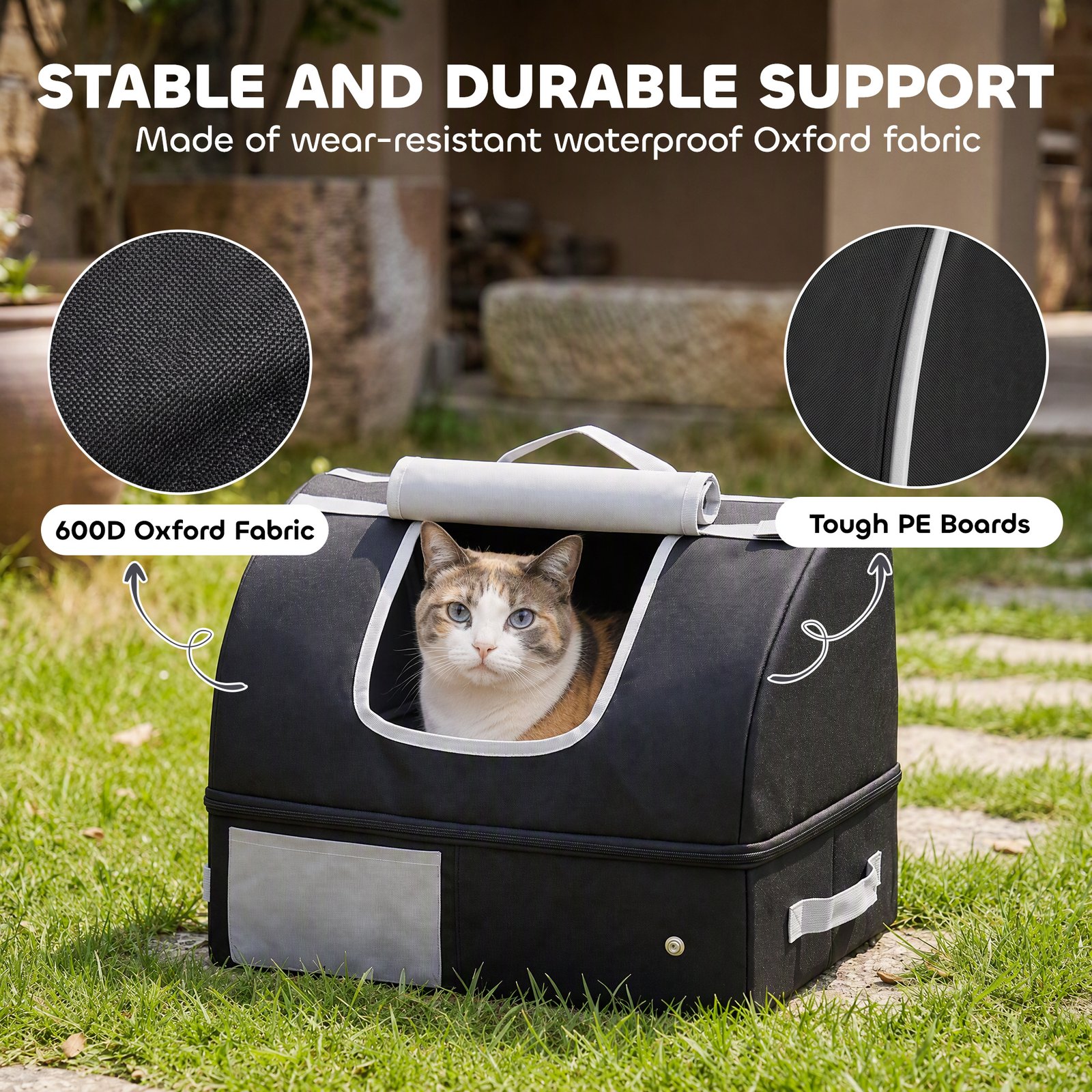 Portable Cat Litter Box with Zipper & Lid for Travel, Foldable Cat Travel Litter Tray, Black