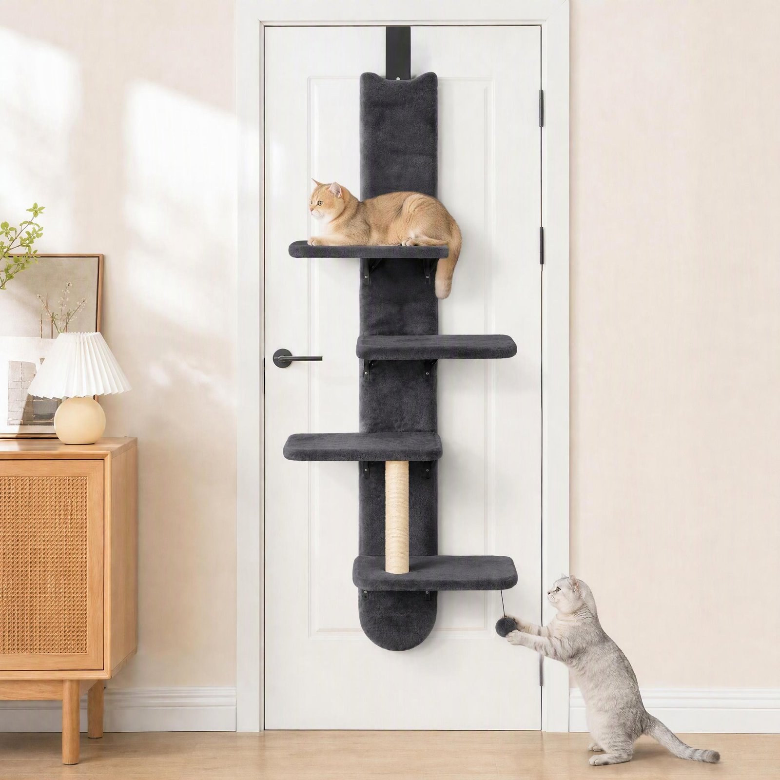 Door Hanging Cat Shelf, 4-Level Over Door Cat Climber with Platforms, Scratching Post and Hanging Ball, Dark Grey
