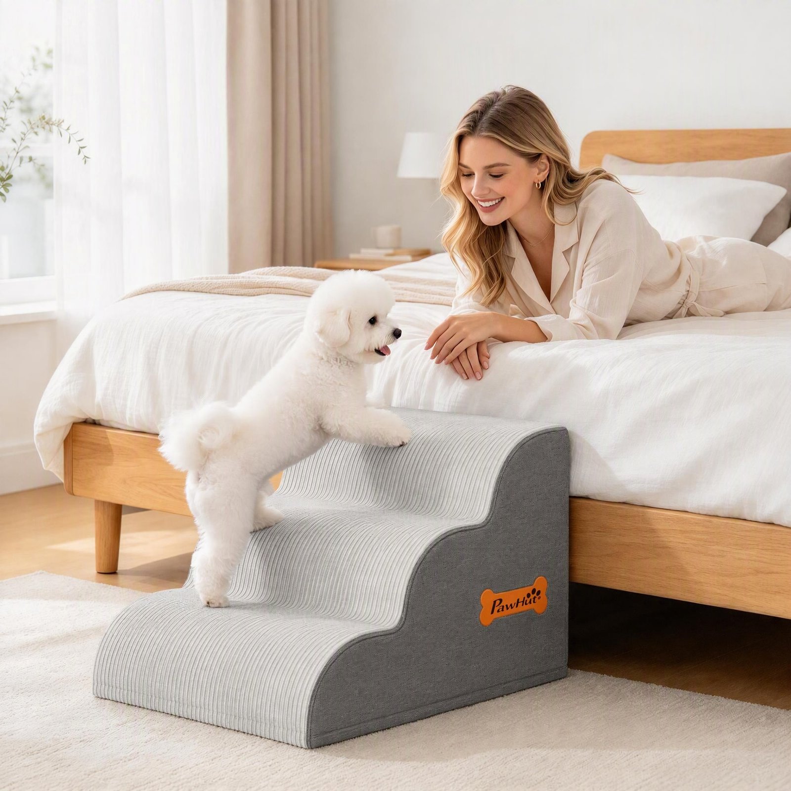 Dog Steps for Bed and Sofa, 3-Step Non-Slip Dog Stairs with Removable Washable Cover, Carry Handle, Light Grey