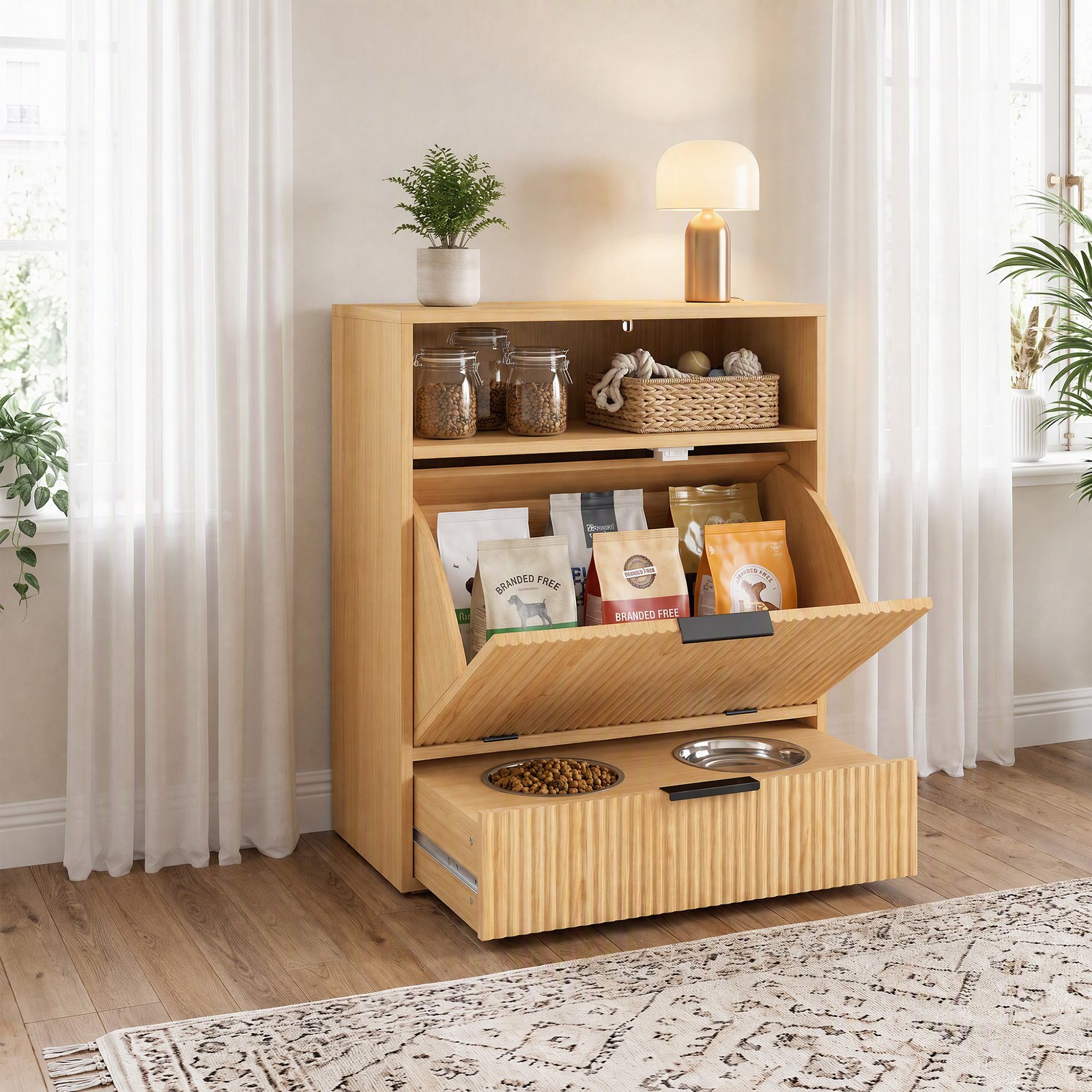 Pet Feeder Station with Storage, Dog Food Storage Container w/ 2 Raised Bowls, Tilt Out Cabinet, Slow Feeder Mat