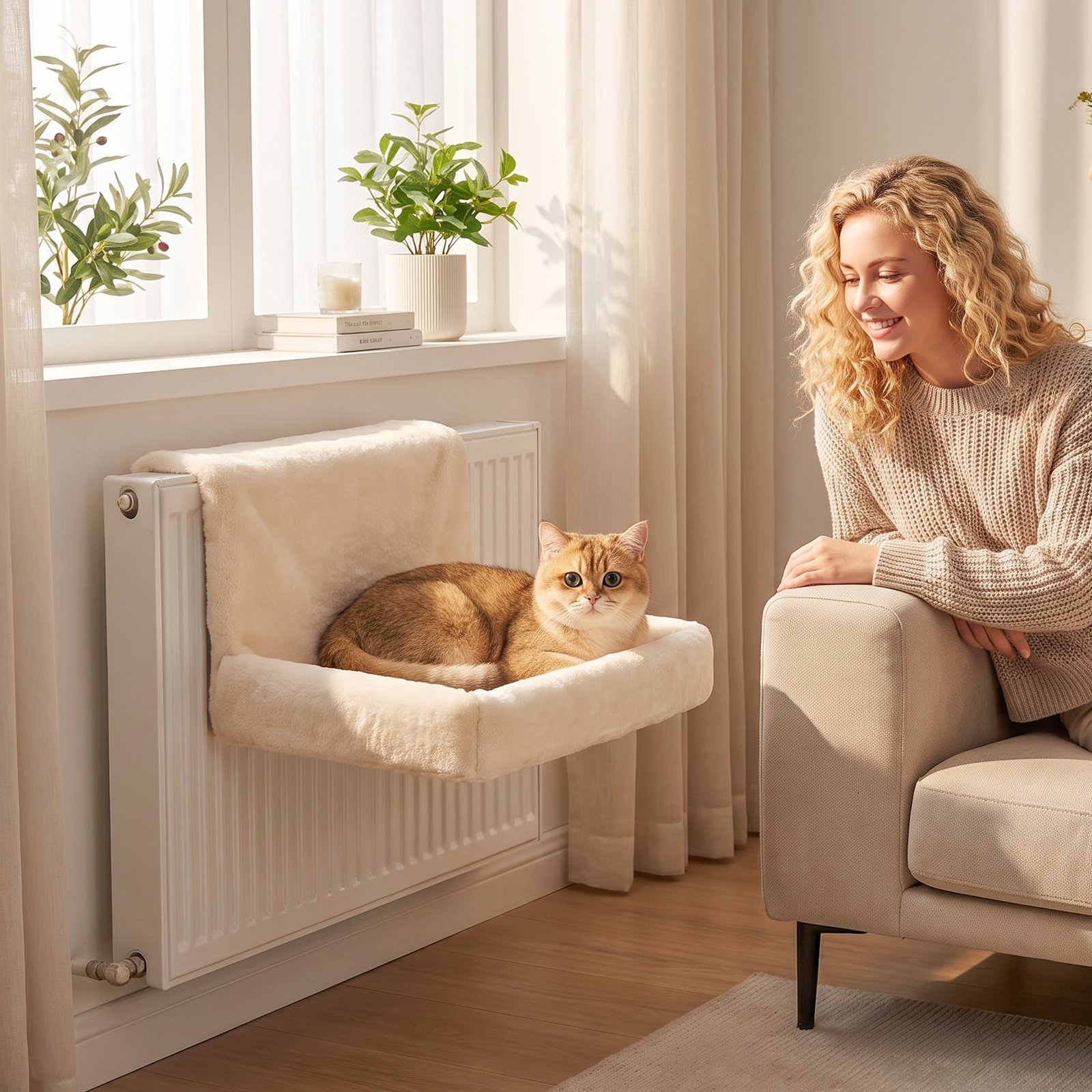 Cat Radiator Bed, Hanging Warm Hammock w/ Foldable Metal Frame, Removable Washable Cover, Cream