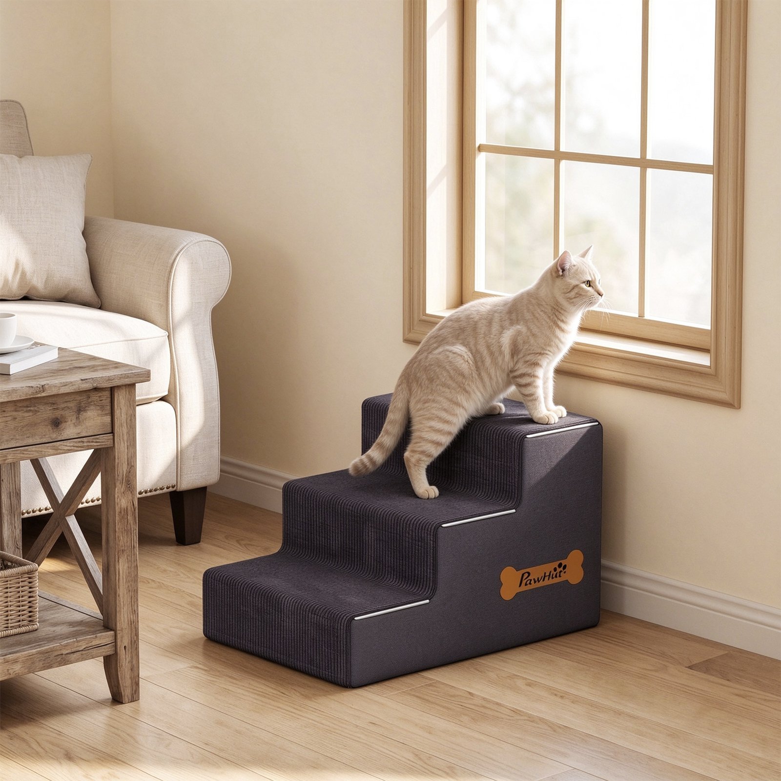 Dog Steps, 3-Step Dog Stairs for Bed and Sofa, Pet Stairs with Carry Handle, Washable Cover