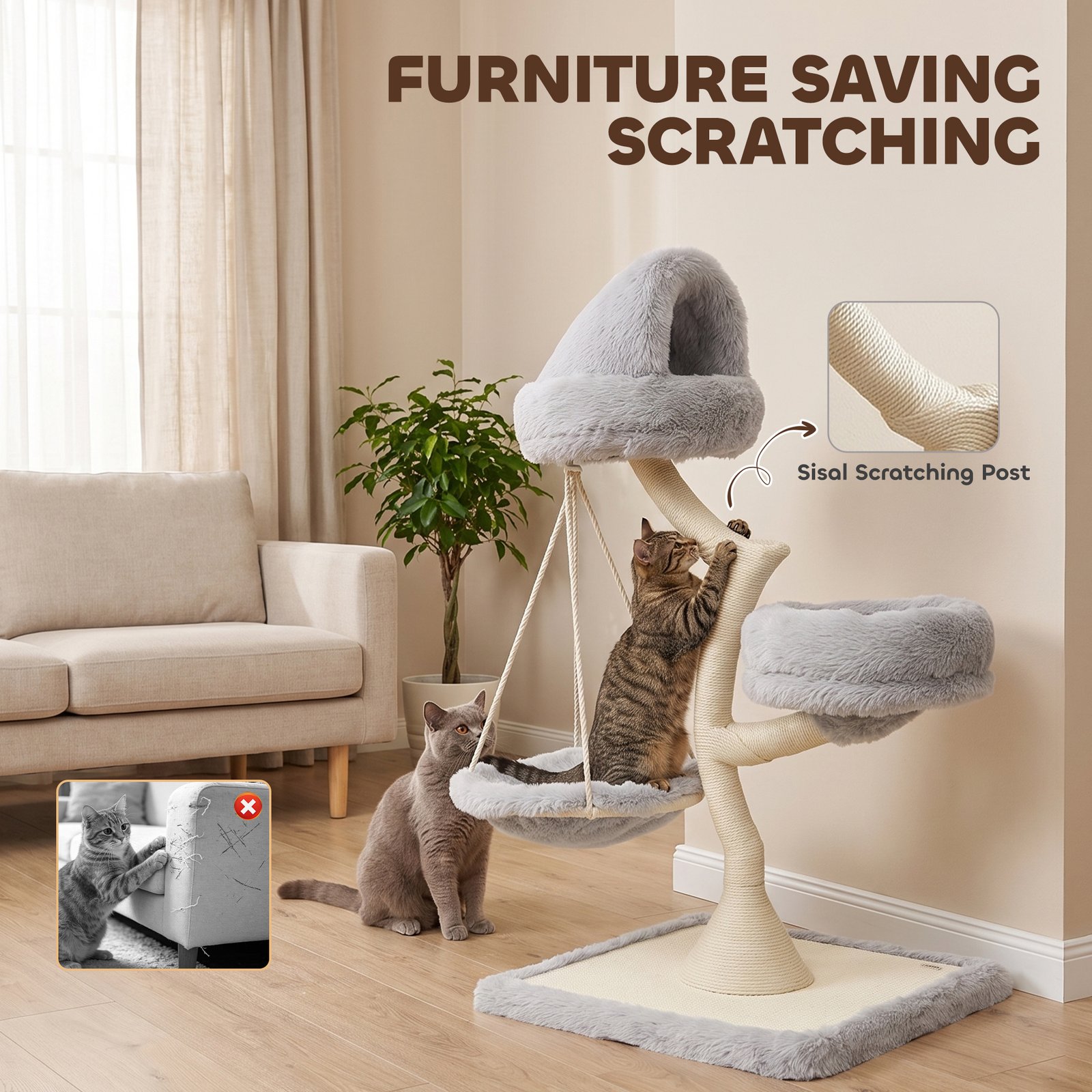 115 cm Modern Cat Tree Tower for Large Cats with Sisal Scratching Post, Holds 1 Cat up to 6kg, Machine-Washable Beds