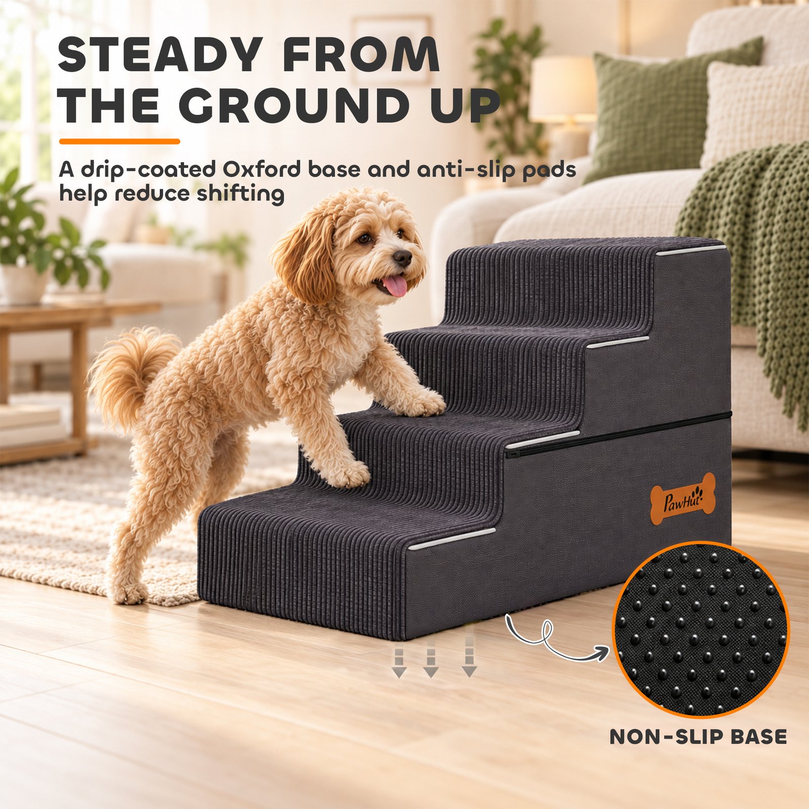 Dog Steps, 4-Step Dog Stairs for Bed and Sofa, Pet Stairs with Carry Handle, Washable Cover