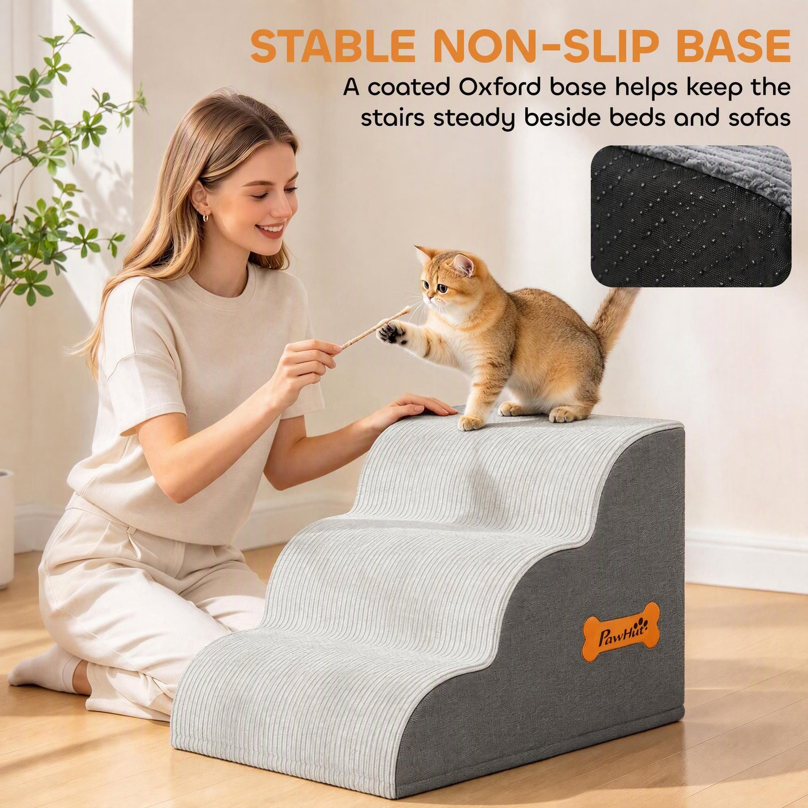 Dog Steps for Bed and Sofa, 3-Step Non-Slip Dog Stairs with Removable Washable Cover, Carry Handle, Light Grey