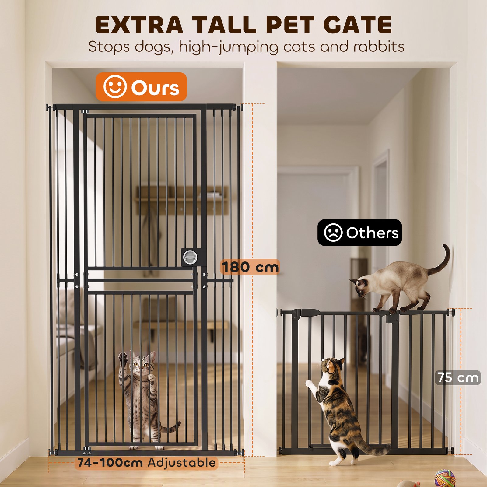 180cm Extra Tall Cat Gate, Adjustable Pet Gate with 74-100 cm Wide, Pressure Fit, Pull-Ring Latch, Black