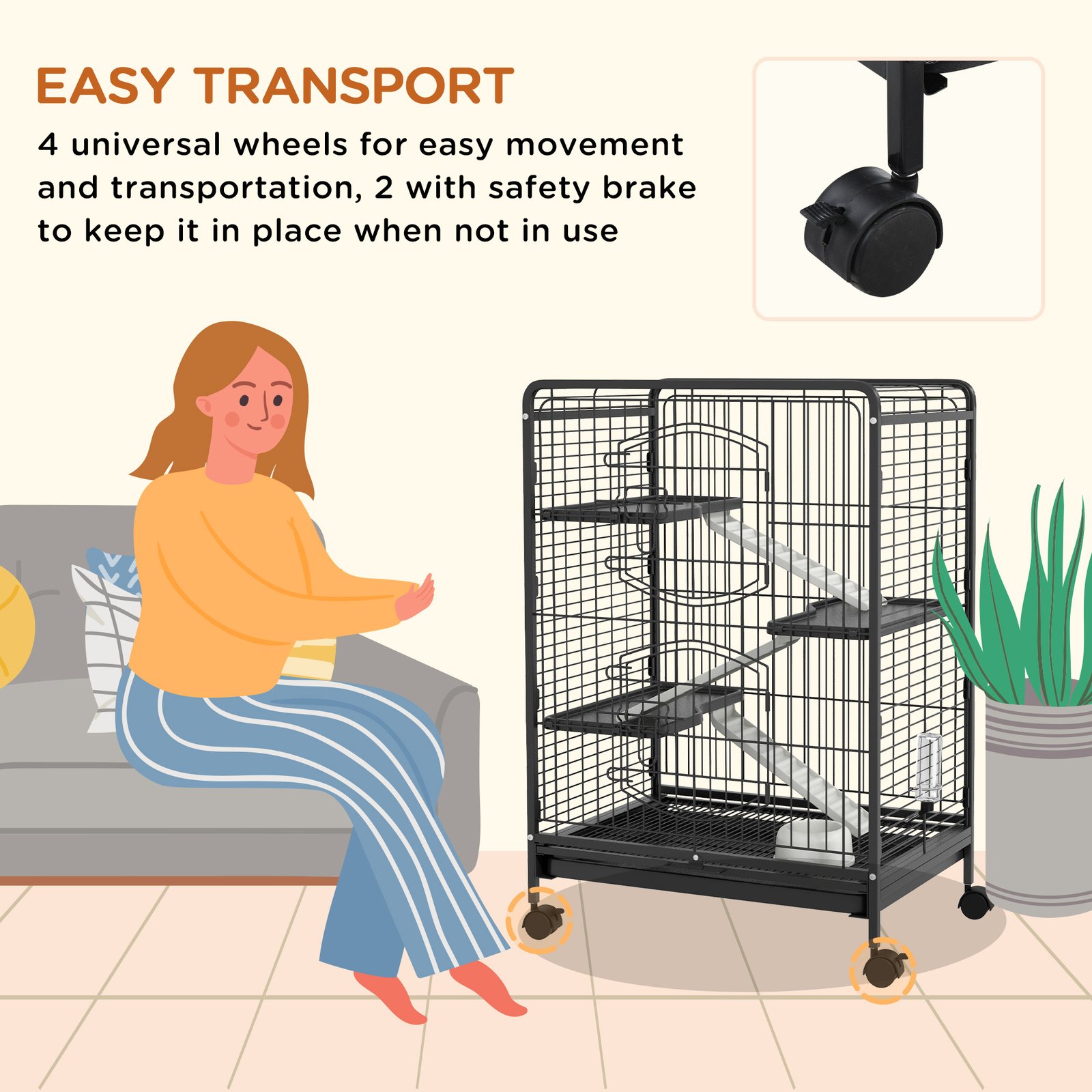 4 Levels Removable Small Animal Cage, 95cm - Black