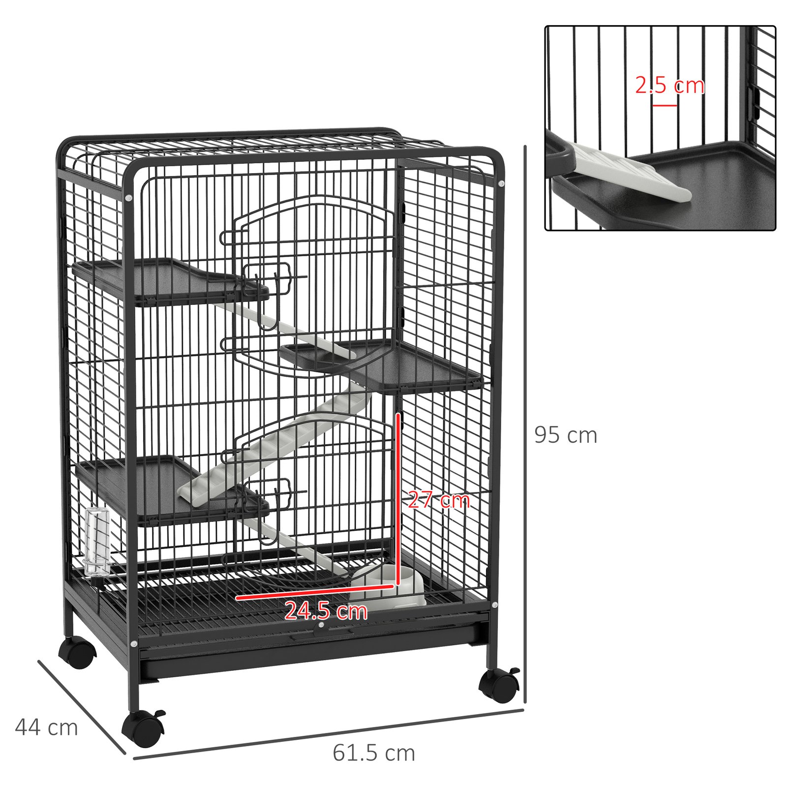 4 Levels Removable Small Animal Cage, 95cm - Black