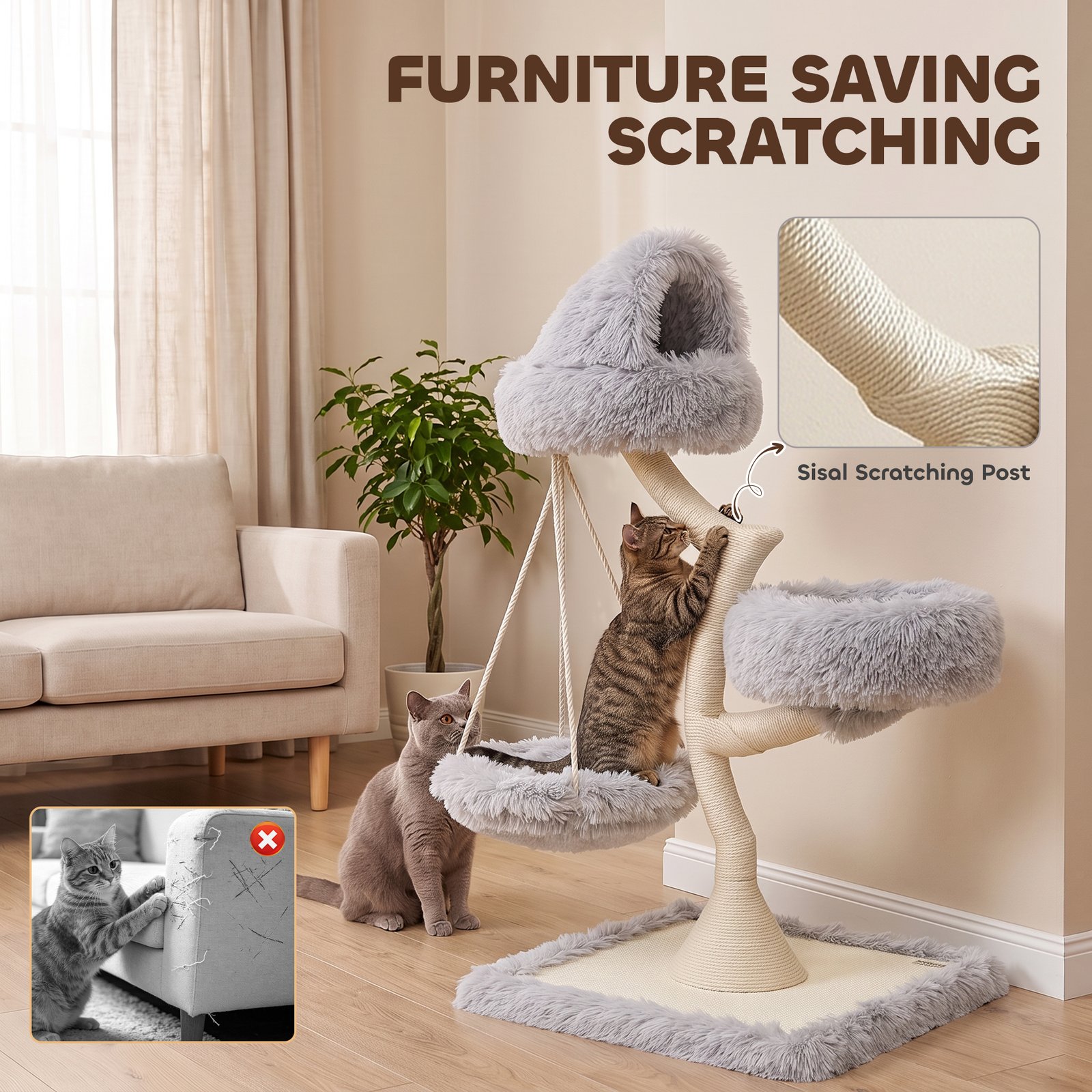 115 cm Modern Cat Tree Tower for Large Cats with Sisal Scratching Post, Holds 1 Cat up to 6kg, Machine-Washable Beds