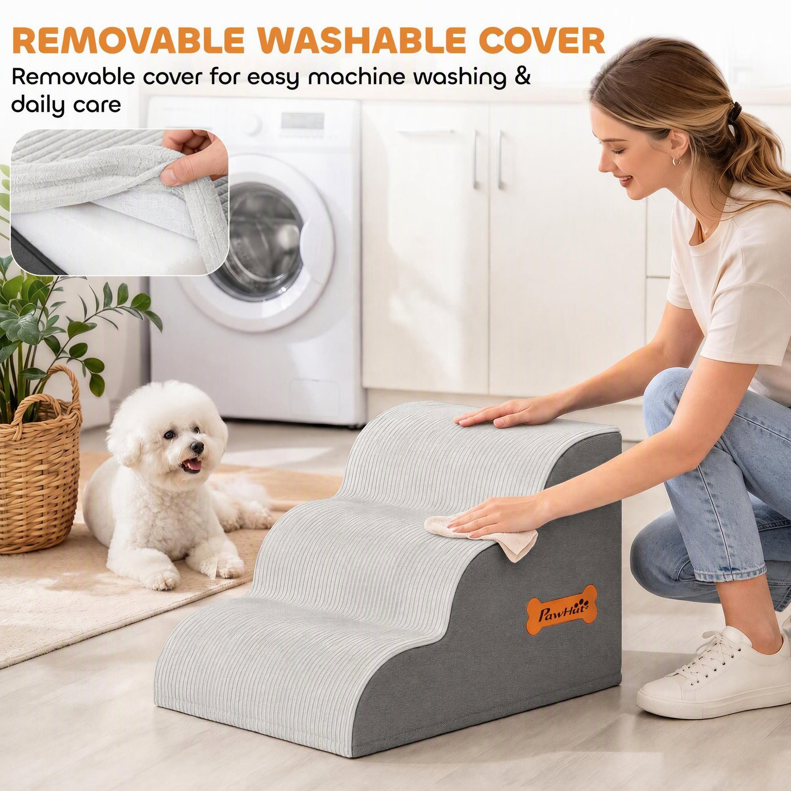 Dog Steps for Bed and Sofa, 3-Step Non-Slip Dog Stairs with Removable Washable Cover, Carry Handle, Light Grey