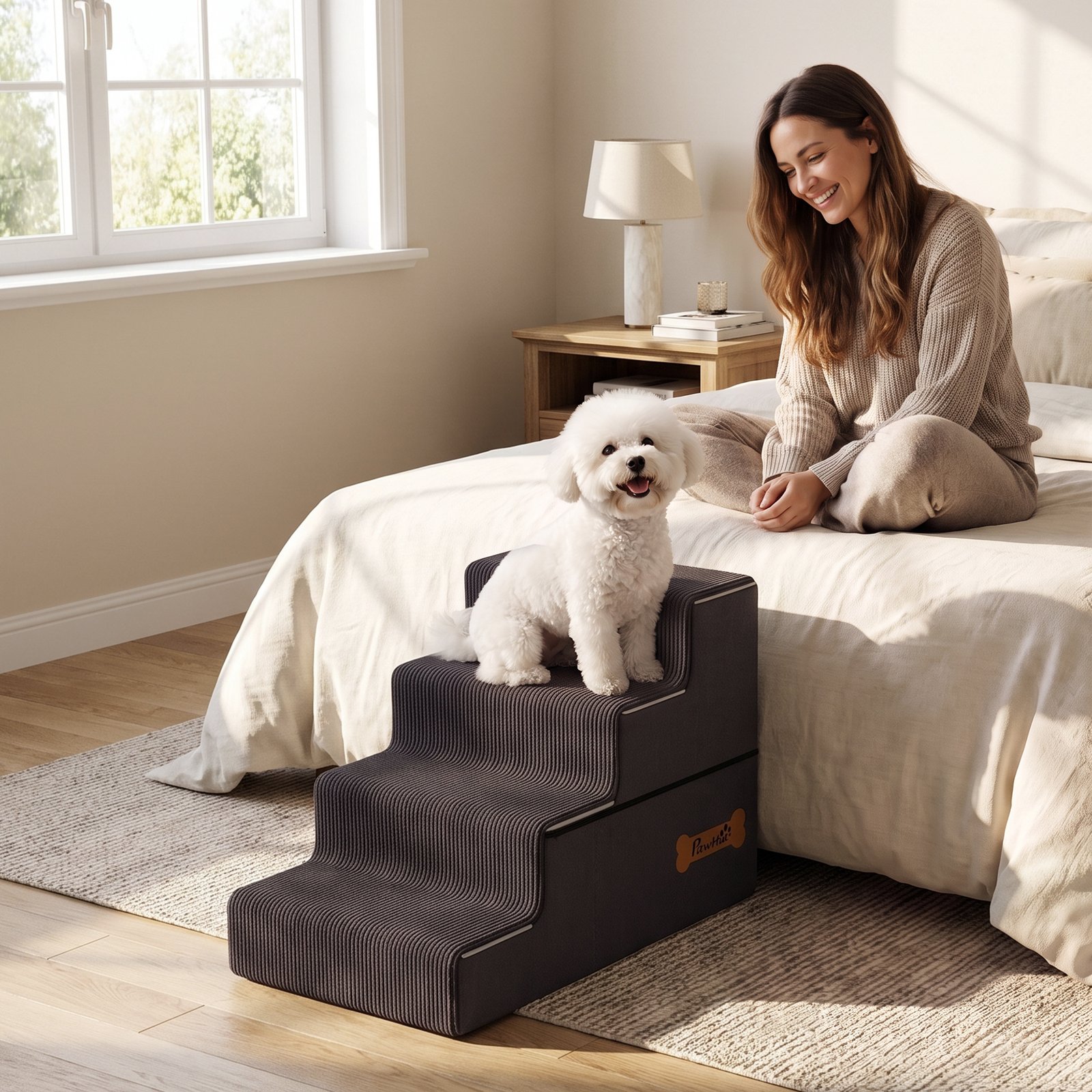 Dog Steps, 4-Step Dog Stairs for Bed and Sofa, Pet Stairs with Carry Handle, Washable Cover