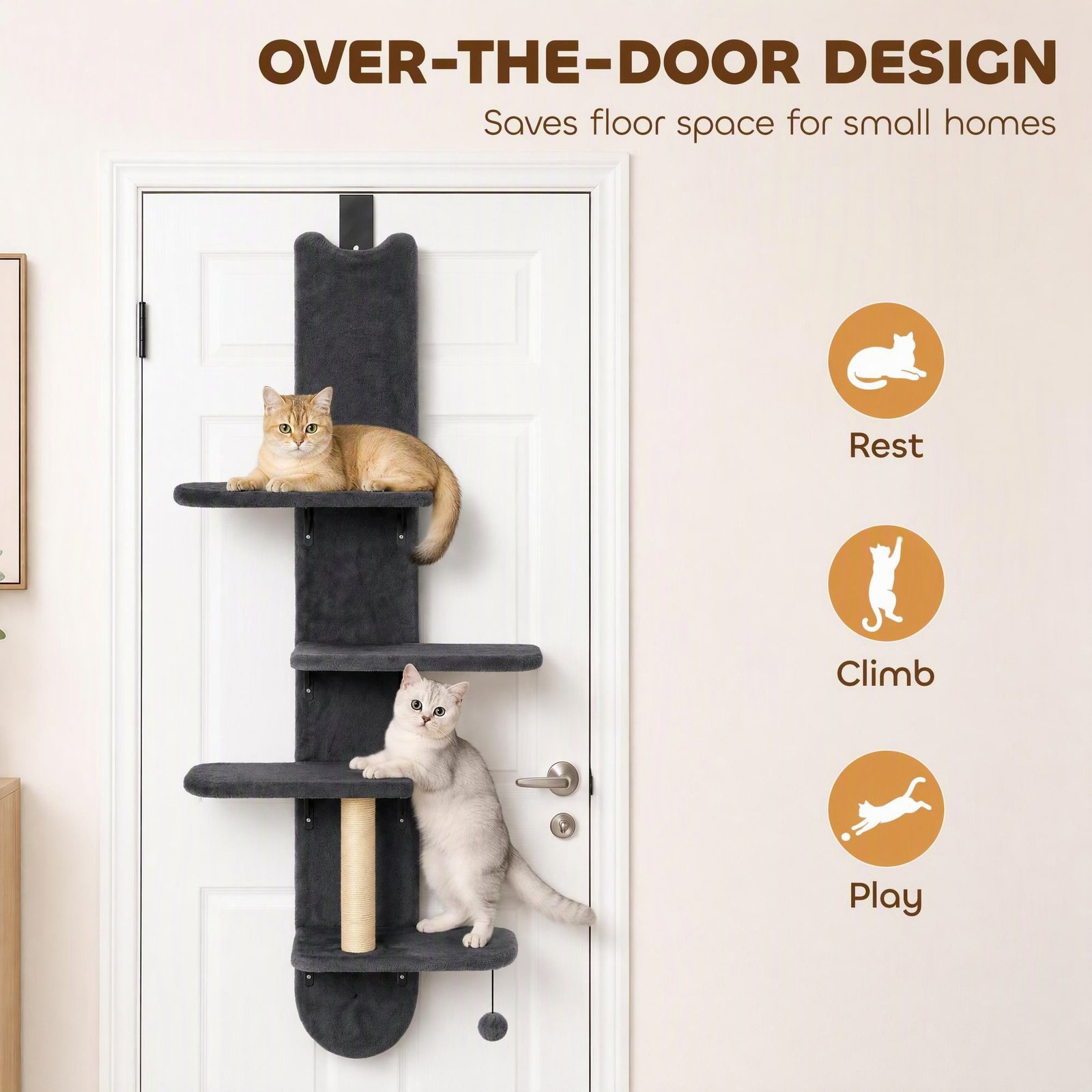 Door Hanging Cat Shelf, 4-Level Over Door Cat Climber with Platforms, Scratching Post and Hanging Ball, Dark Grey